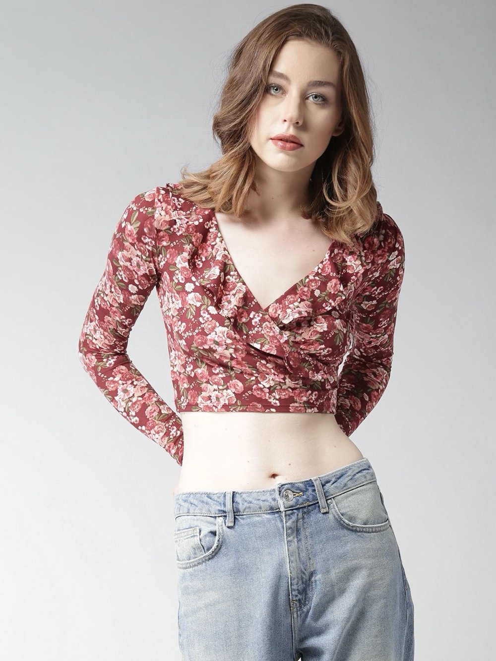 Forever 21 Ruffled Boho Floral Wrap Crop Top S Burgundy Pink Soft Stretch